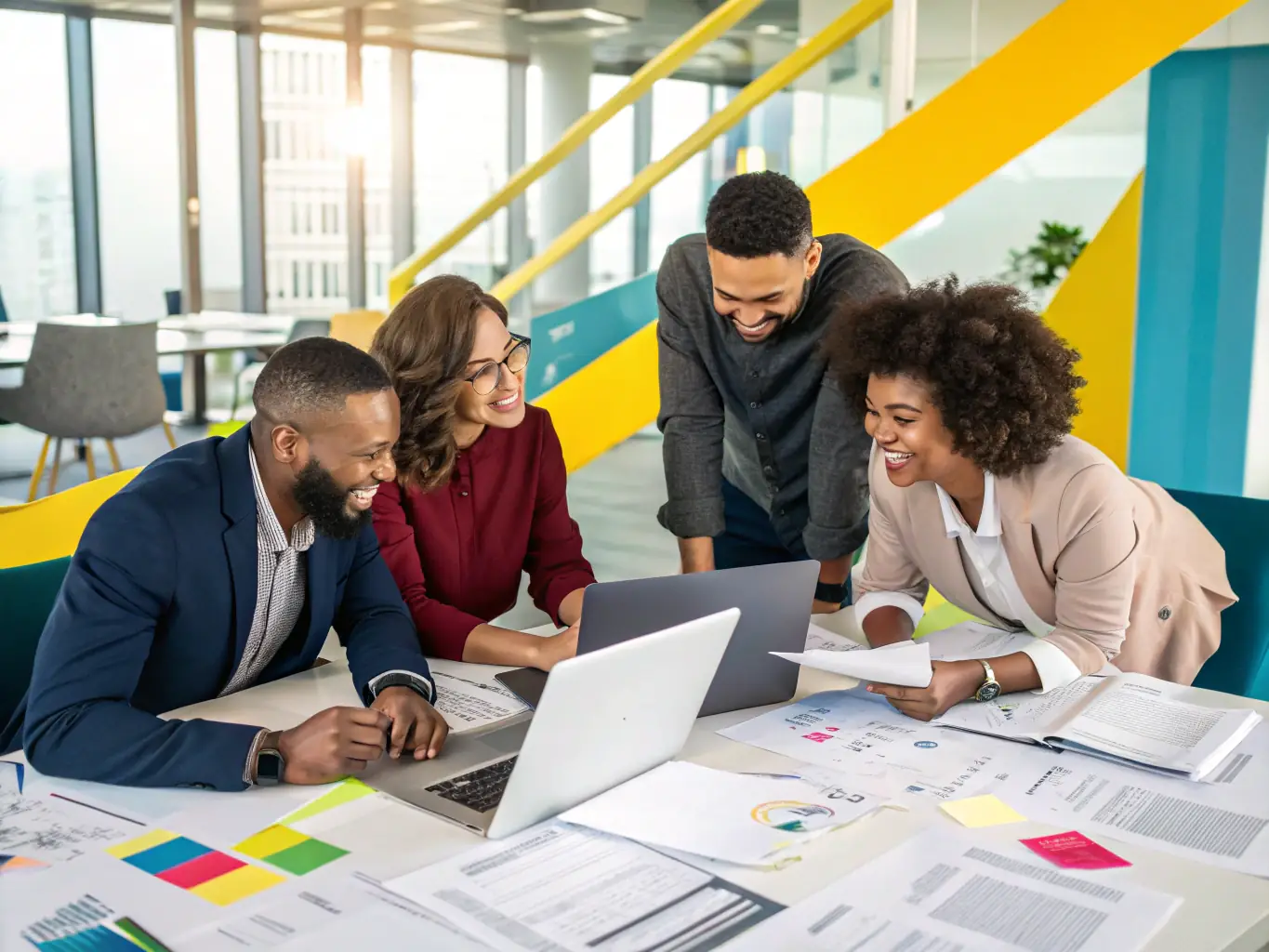 A vibrant image depicting a diverse team collaborating on a digital marketing strategy, surrounded by laptops and data visualizations, set in a modern office environment.